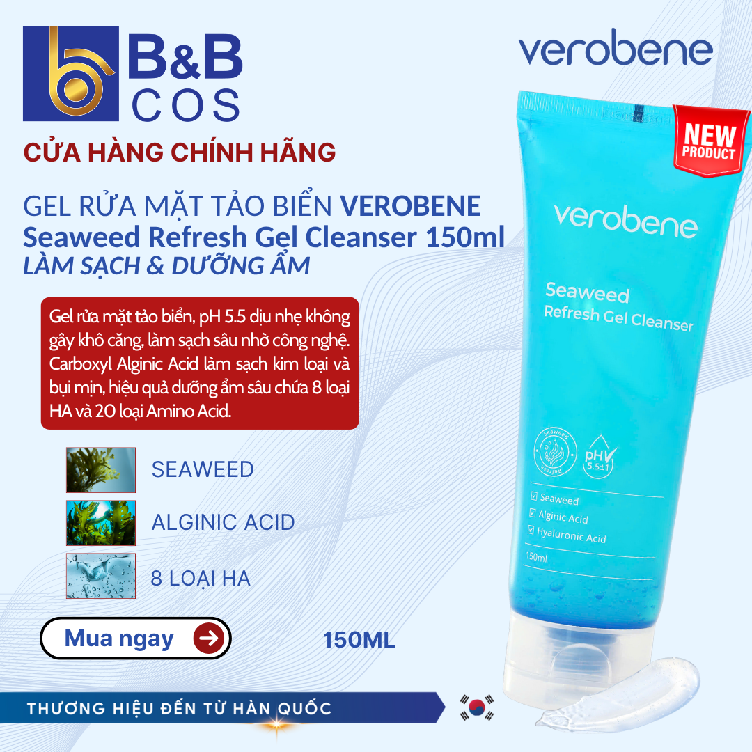 GEL RỬA MẶT TẢO BIỂN VEROBENE SEAWEED REFRESH LÀM SẠCH CẤP ẨM DỊU DA NHẠY CẢM 150ML