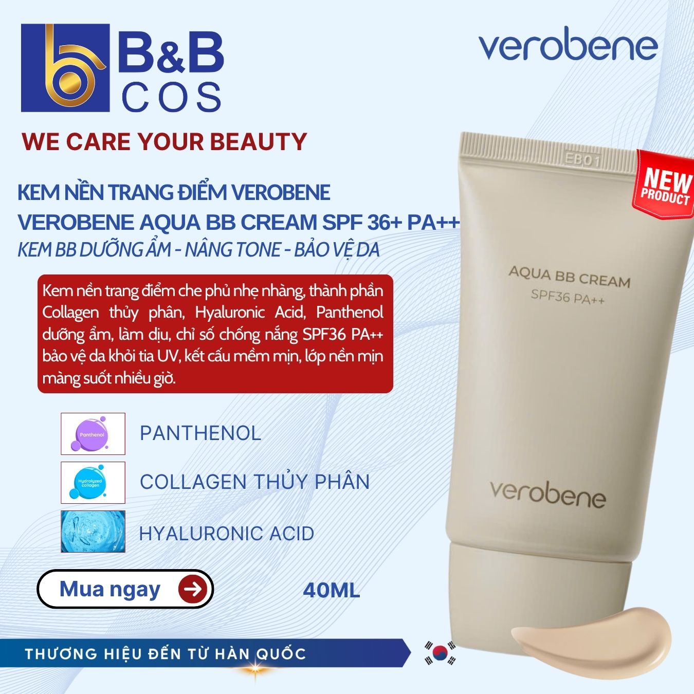 KEM NỀN NÂNG TONE TRANG ĐIỂM TÍCH HỢP CHỐNG NẮNG VEROBENE AQUA BB CREAM SPF36 PA++ 40ML