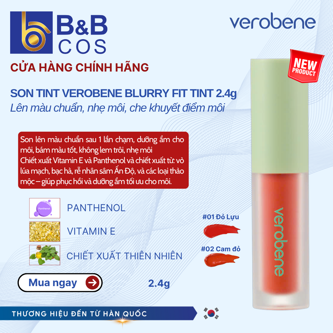 SON TINT VEROBENE BLURRY FIT TINT BÁM MÀU, LÊN MÀU CHUẨN, NHẸ MÔI CHE KHUYẾT ĐIỂM MÔI 2.4G