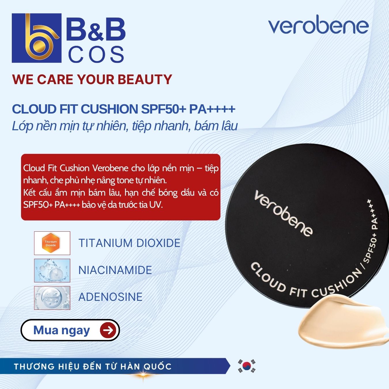 PHẤN NƯỚC TRANG ĐIỂM HÀN QUỐC LỚP NỀN MỊN TỰ NHIÊN, MỎNG NHẸ, CLOUD FIT CUSHION SPF50+ PA++++