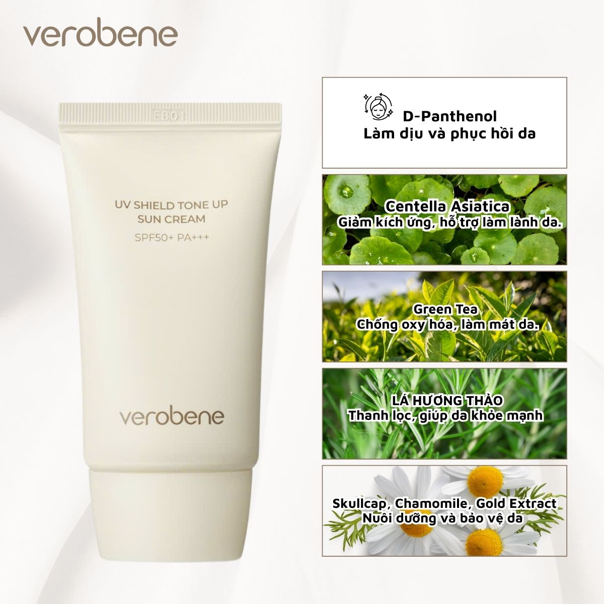 KEM CHỐNG NẮNG NÂNG TONE VEROBENE UV SHIELD TONE UP SUN CREAM SPF50+ PA+++