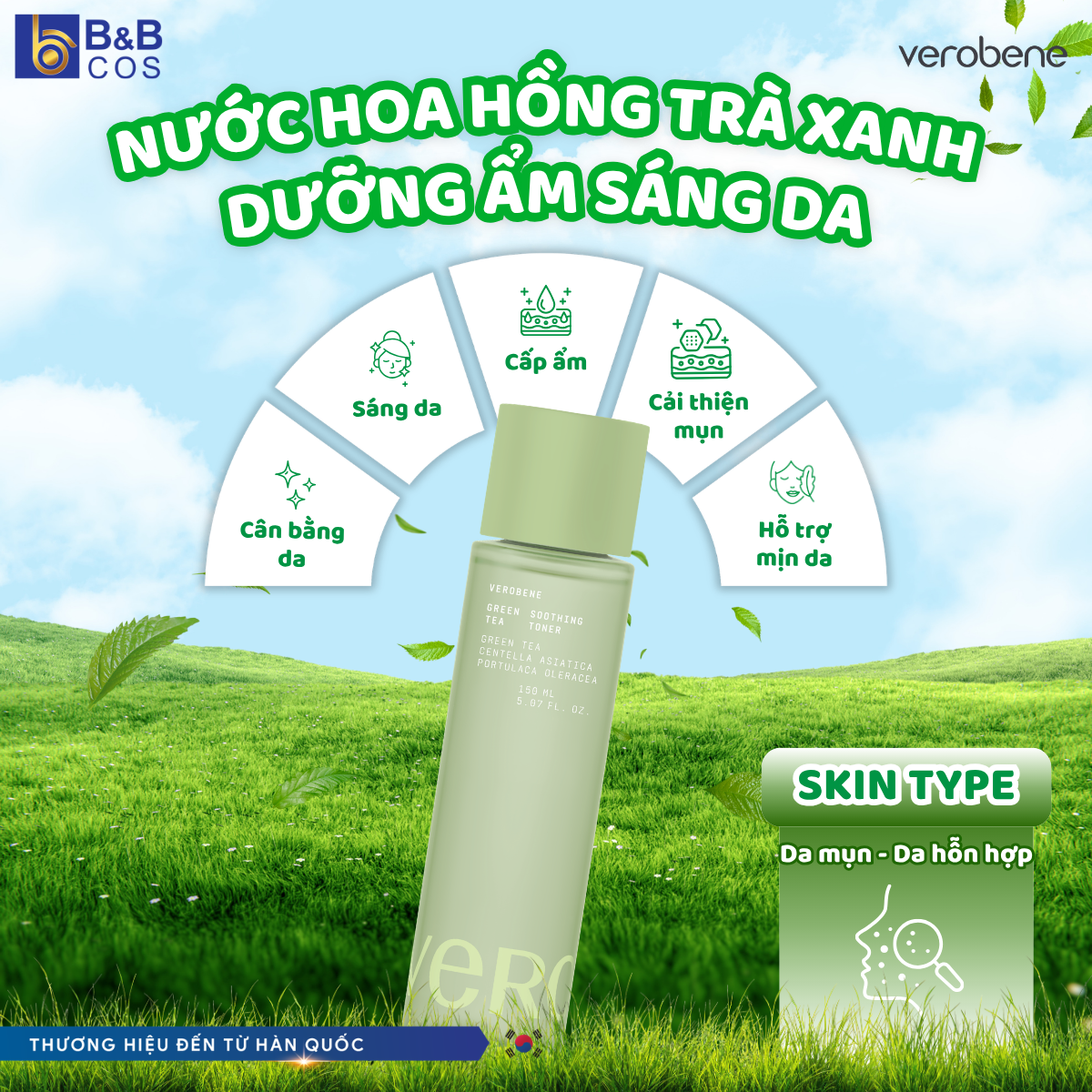 [MẪU MỚI 2026] NƯỚC HOA HỒNG TRÀ XANH VEROBENE CÂN BẰNG ĐỘ ẨM PHÙ HỢP DA DẦU MỤN HÀN QUỐC 150ML
