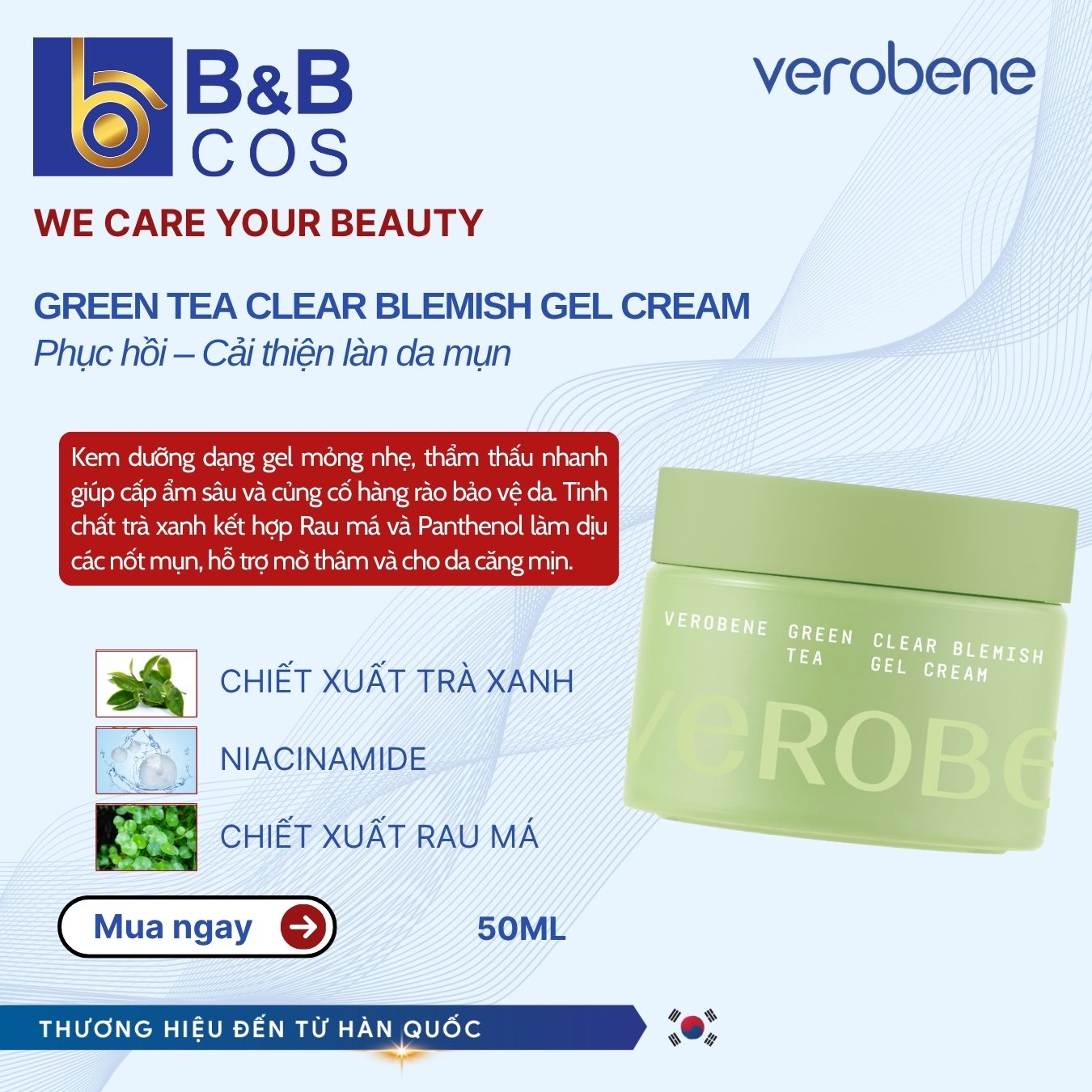 [MẪU MỚI 2026] KEM DƯỠNG ẨM TRÀ XANH VEROBENE DƯỠNG TRẮNG, HỖ TRỢ MỜ THÂM MỤN 50ML