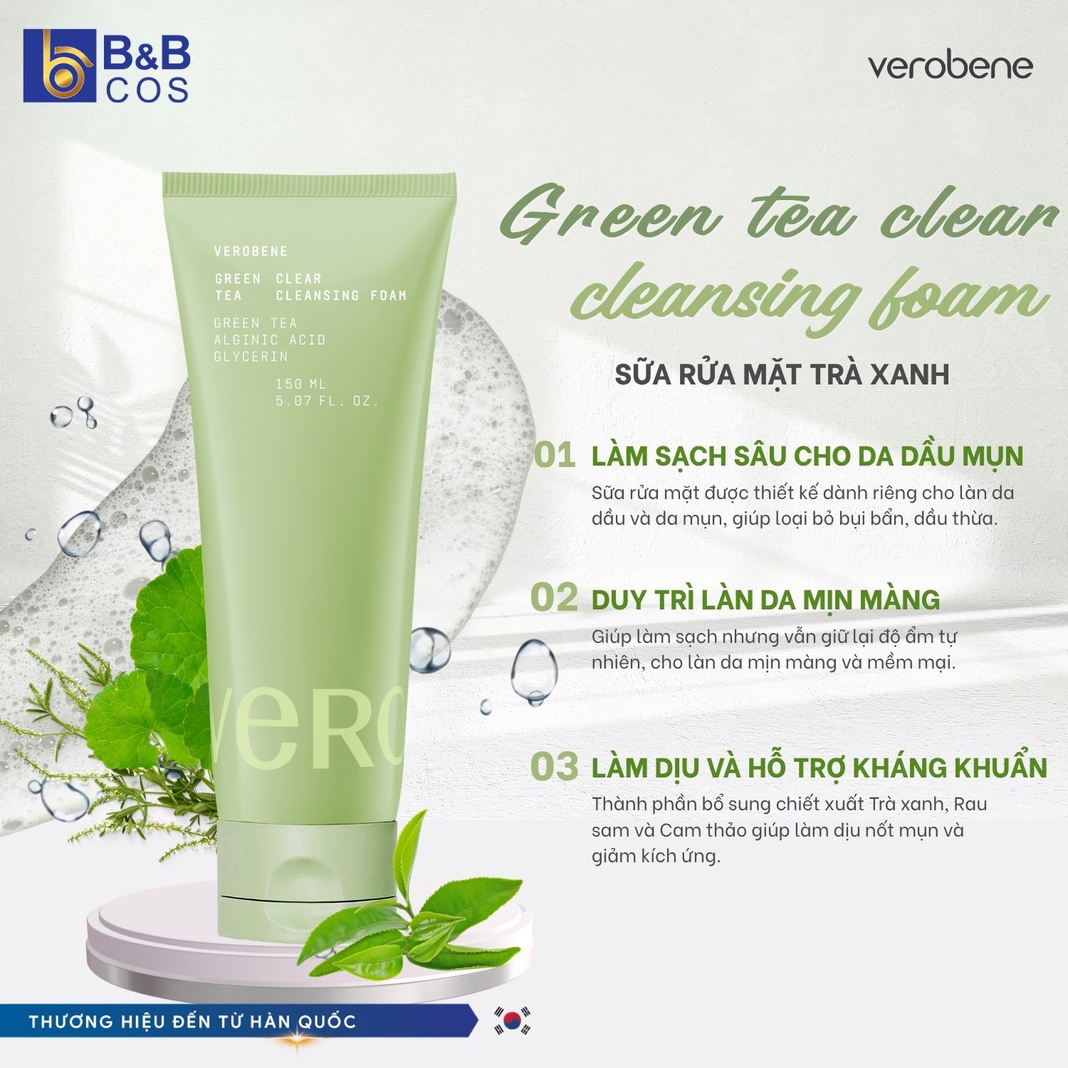[MẪU MỚI 2026] SỮA RỬA MẶT TRÀ XANH VEROBENE SẠCH SÂU HỖ TRỢ GIẢM MỤN 150ML