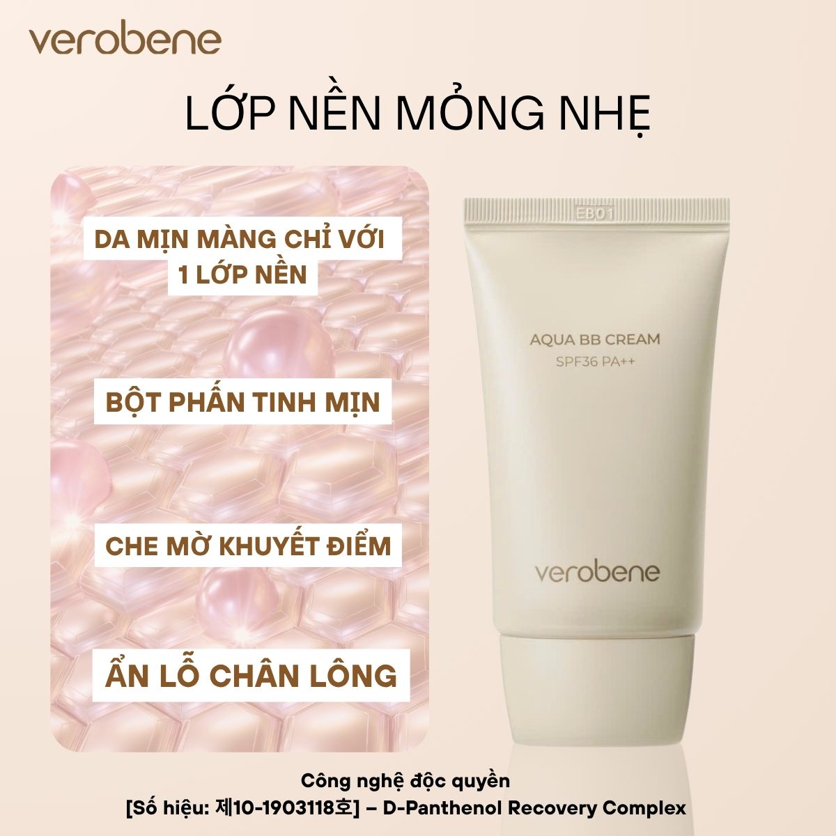 KEM NỀN NÂNG TONE TRANG ĐIỂM TÍCH HỢP CHỐNG NẮNG VEROBENE AQUA BB CREAM SPF36 PA++ 40ML