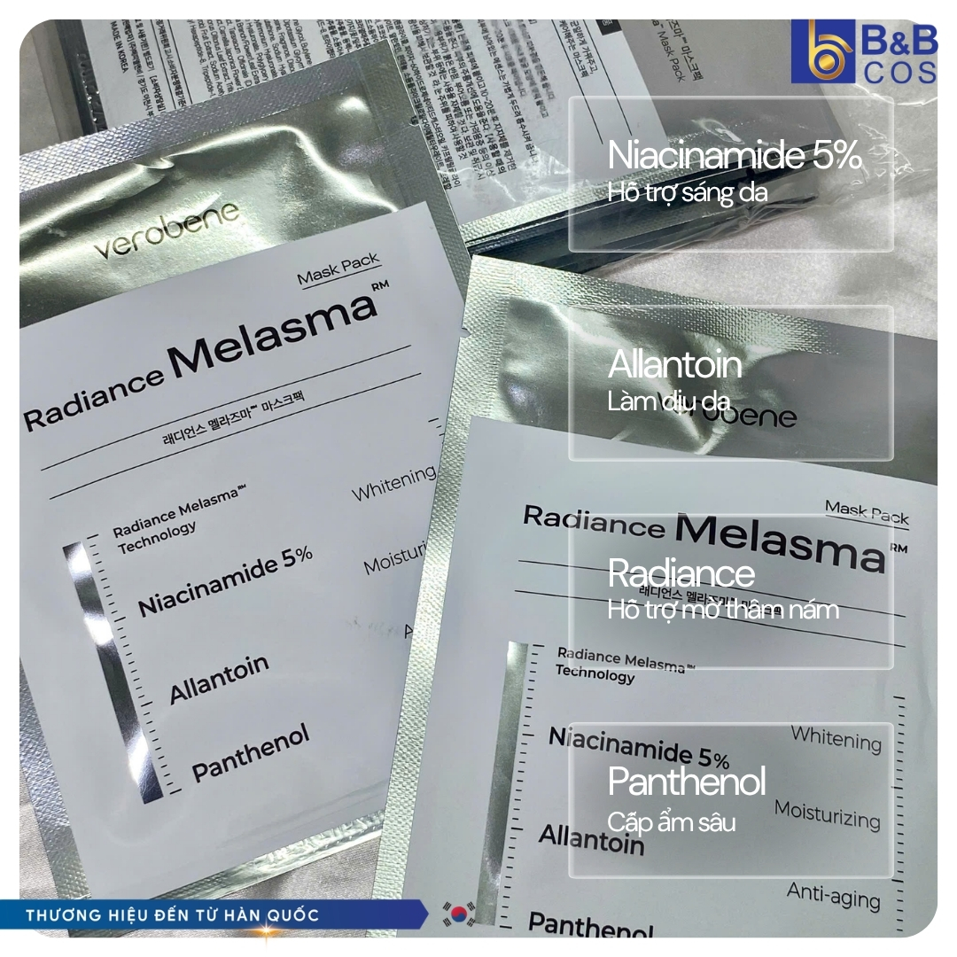 [1 GÓI 10 MIẾNG] MẶT NẠ CẤP ẨM VÀ DƯỠNG TRẮNG DA VEROBENE RADIANCE MELASMA MASK PACK 23g