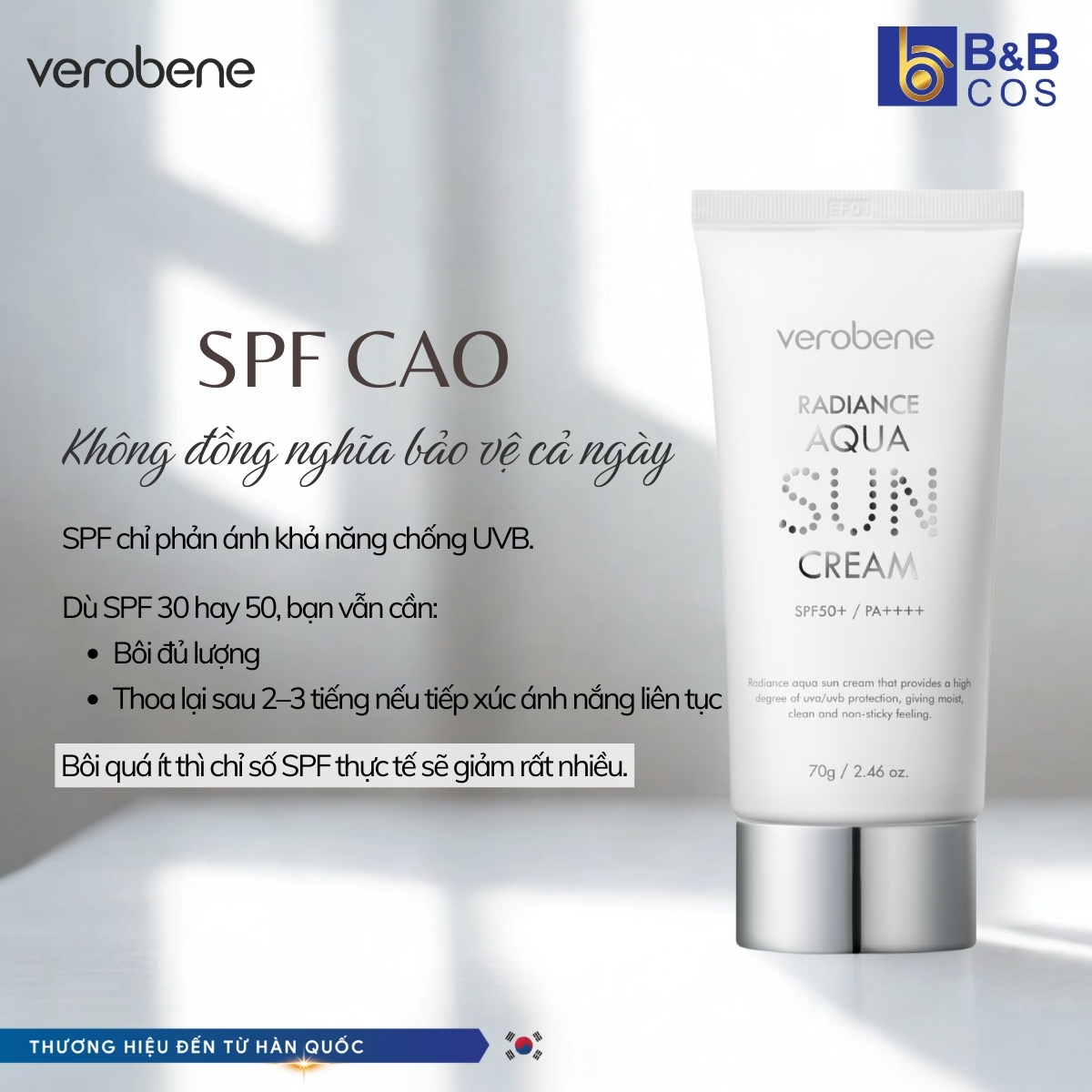 KEM CHỐNG NẮNG TRANG ĐIỂM VEROBENE RADIANCE AQUA SUN CREAM 70G