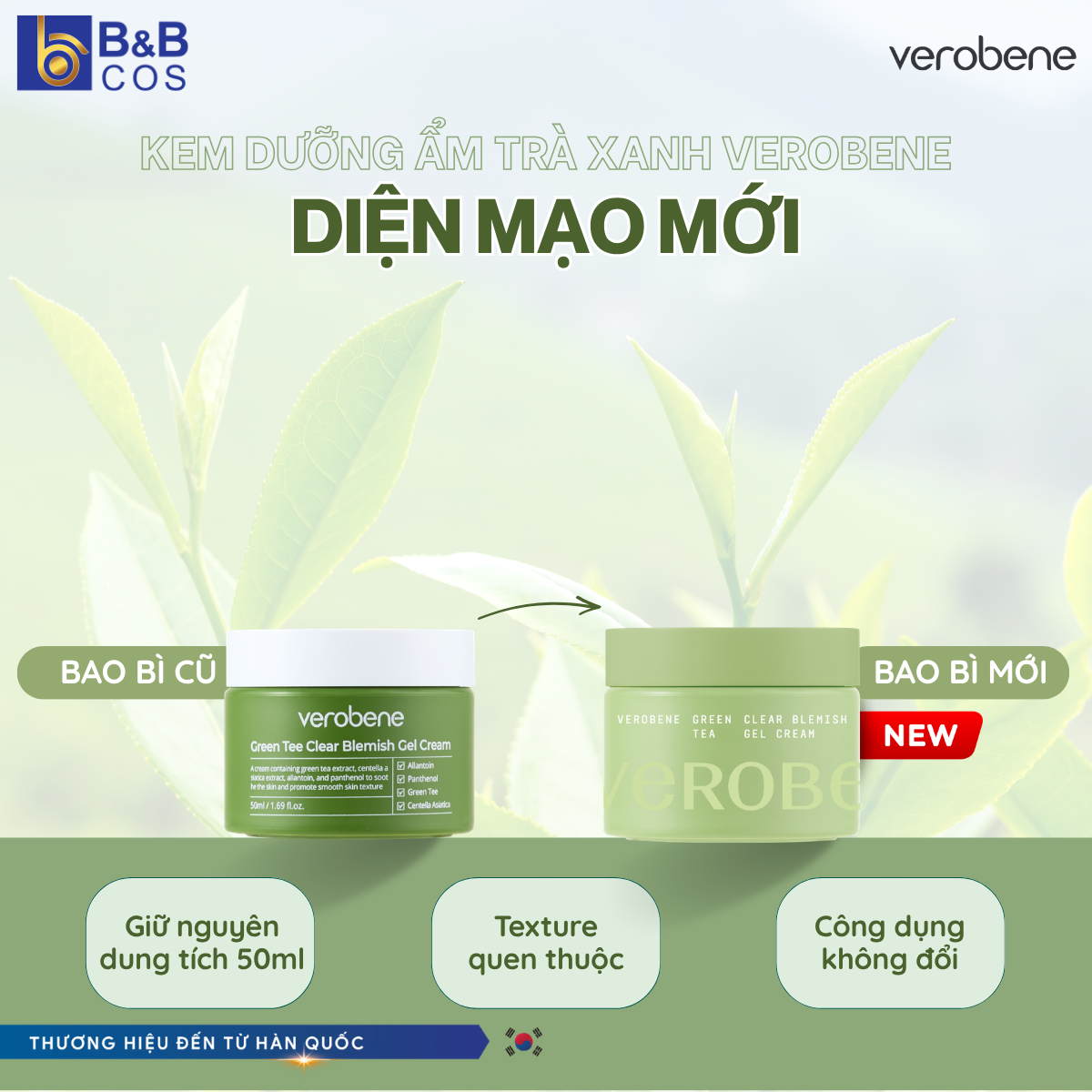 [MẪU MỚI 2026] KEM DƯỠNG ẨM TRÀ XANH VEROBENE DƯỠNG TRẮNG, HỖ TRỢ MỜ THÂM MỤN 50ML