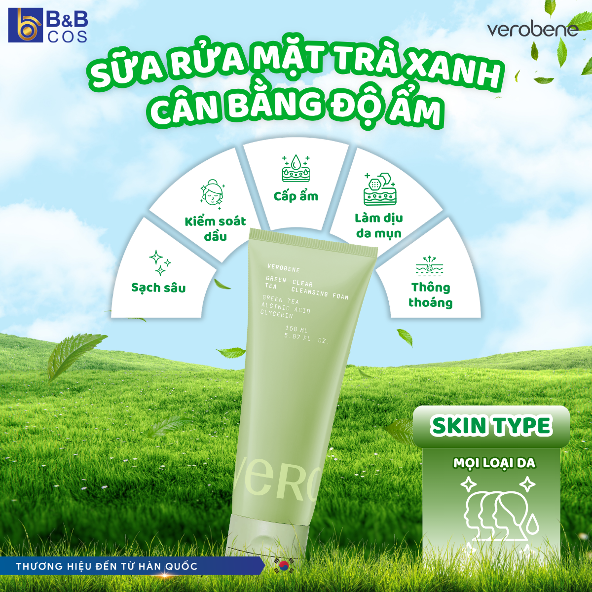 [MẪU MỚI 2026] SỮA RỬA MẶT TRÀ XANH VEROBENE SẠCH SÂU HỖ TRỢ GIẢM MỤN 150ML
