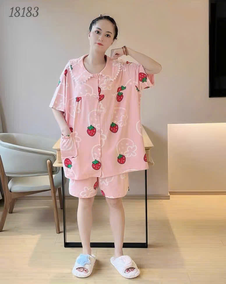 Bộ đùi Pijama BIGSIZE QCCC thun cotton mịn đẹp loại 1 thấm hút mồ hôi tốt, Ss.Pi Cổ sen Dâu- 18183 - HỒNG