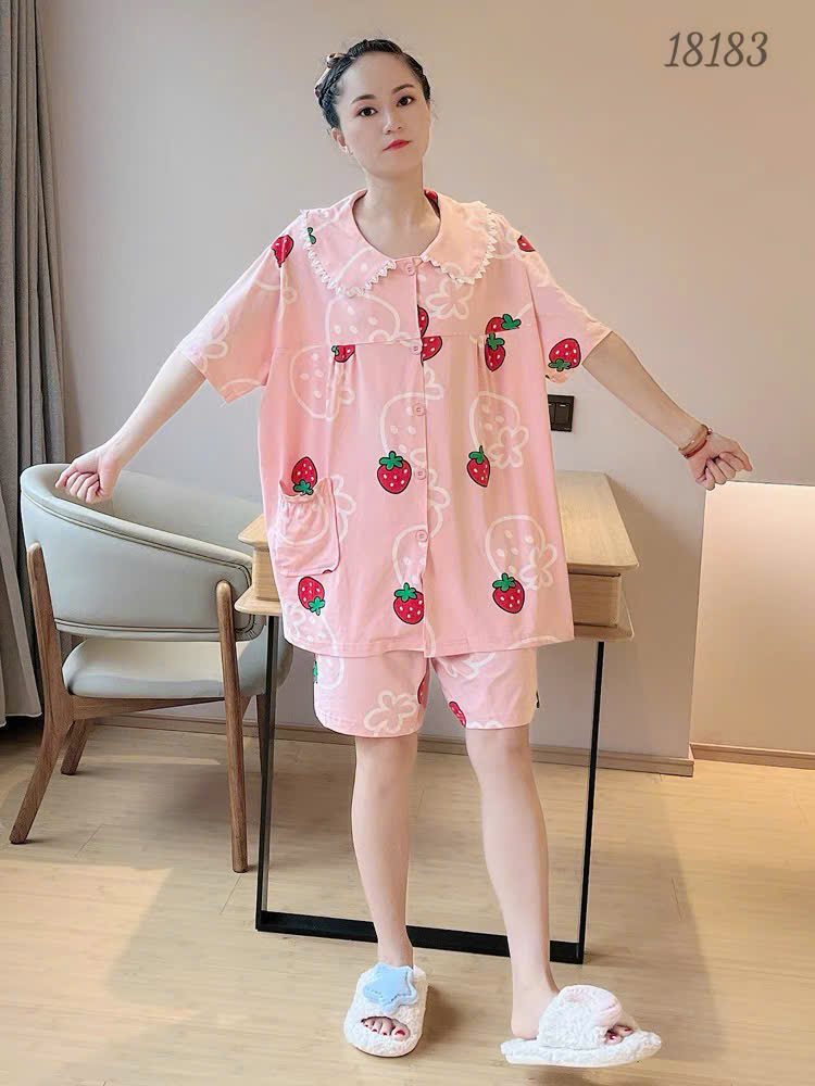 Bộ đùi Pijama BIGSIZE QCCC thun cotton mịn đẹp loại 1 thấm hút mồ hôi tốt, Ss.Pi Cổ sen Dâu- 18183 - HỒNG
