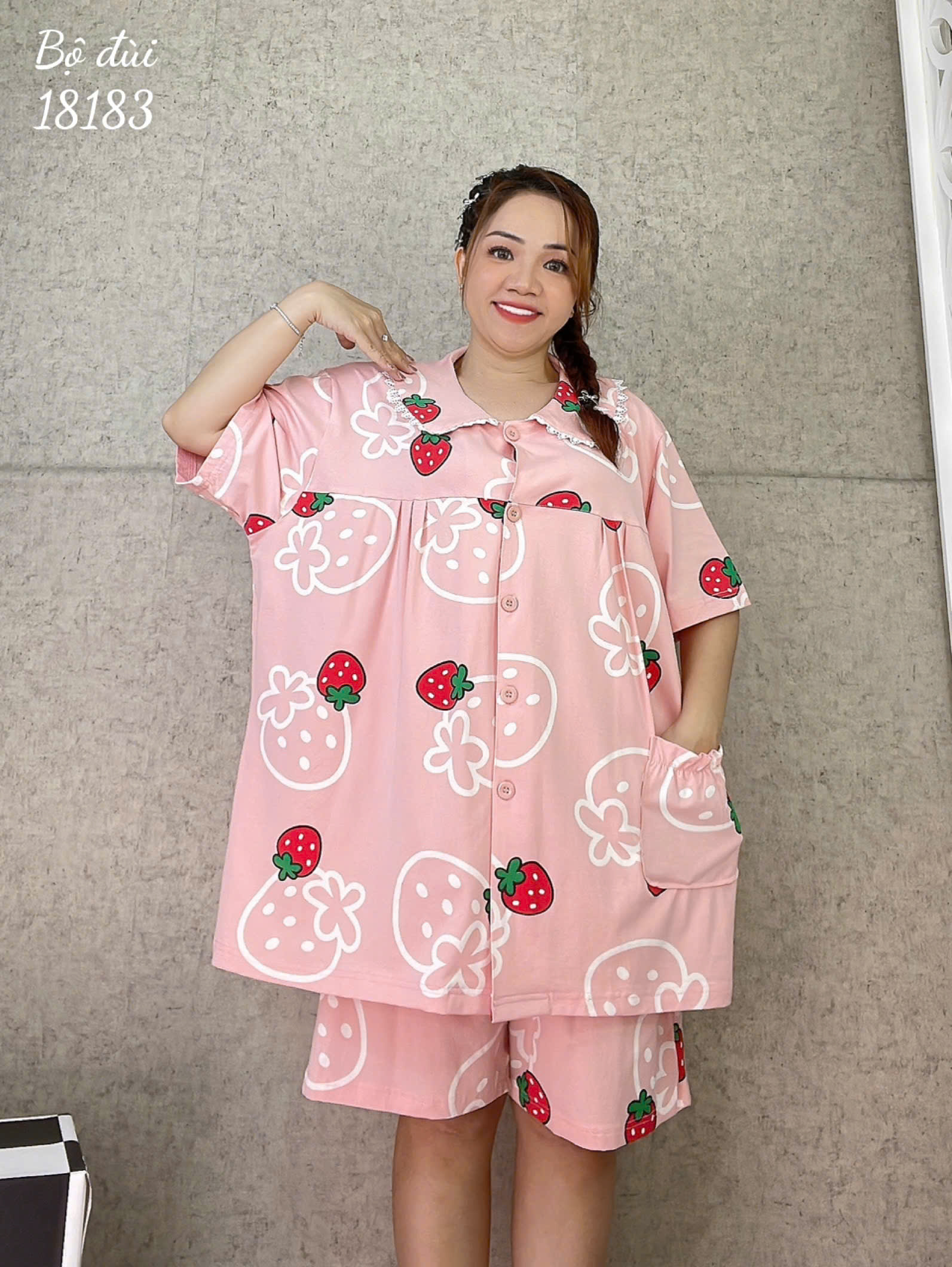 Bộ đùi Pijama BIGSIZE QCCC thun cotton mịn đẹp loại 1 thấm hút mồ hôi tốt, Ss.Pi Cổ sen Dâu- 18183 - HỒNG