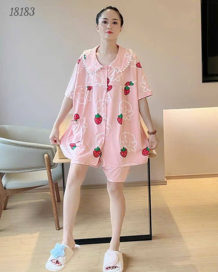 Bộ đùi Pijama BIGSIZE QCCC thun cotton mịn đẹp loại 1 thấm hút mồ hôi tốt, Ss.Pi Cổ sen Dâu- 18183 - HỒNG