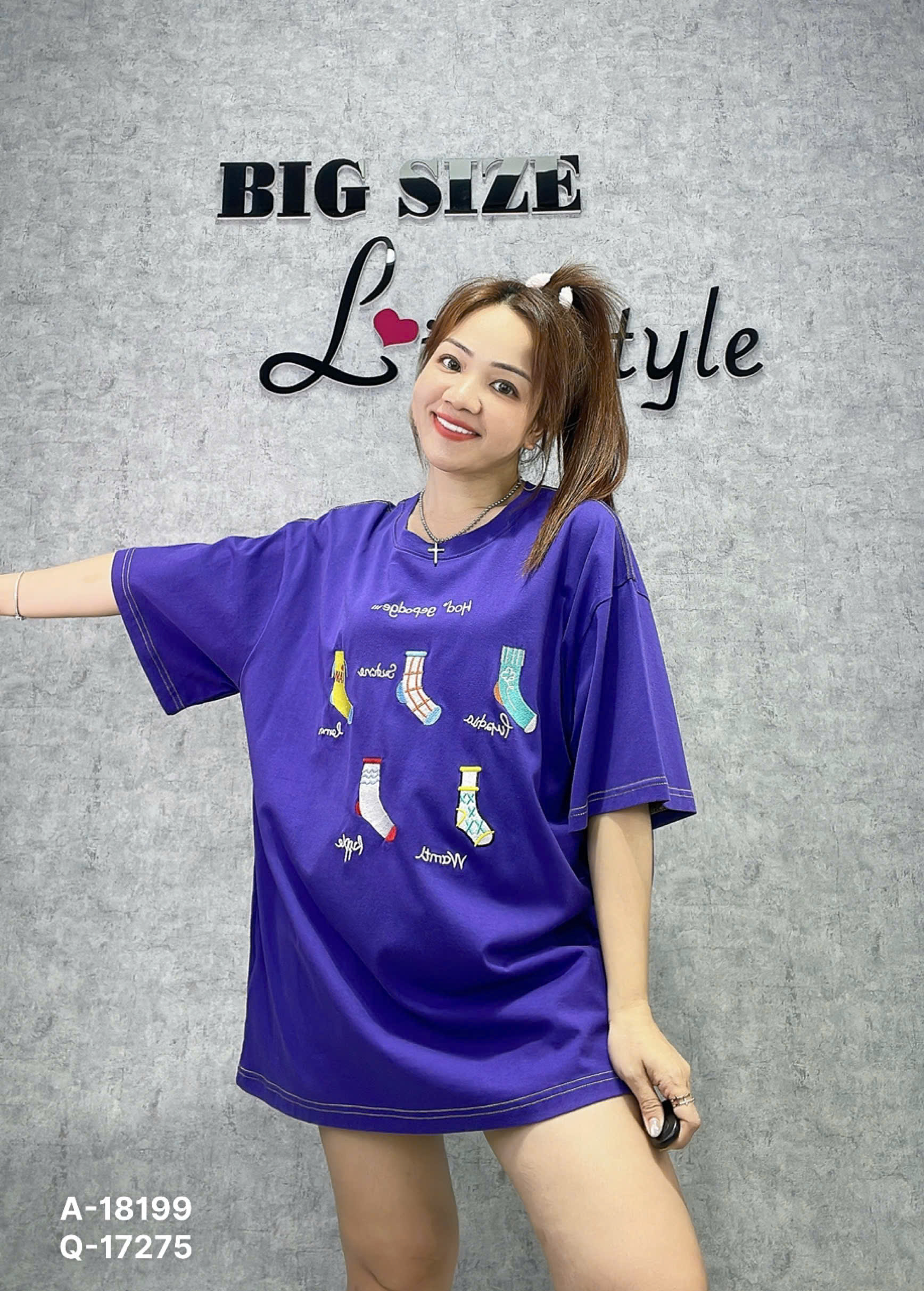 Áo thun Oversize BIGSIZE Quảng Châu OVS form to rộng, in hình 5 vớ - 18199