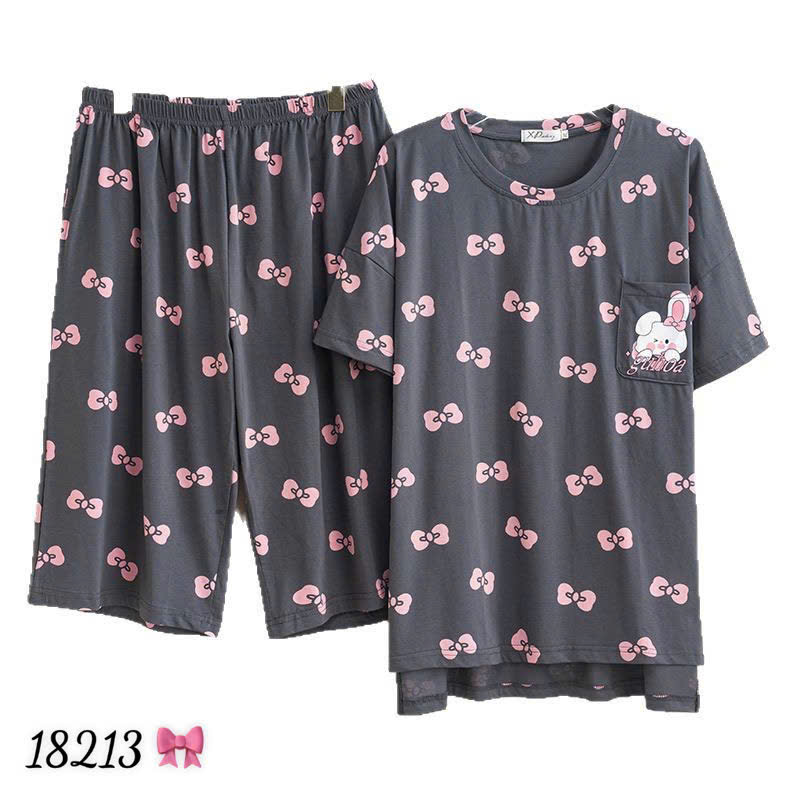 Bộ lửng BIGSIZE QCCC thun cotton mịn đẹp loại 1 thấm hút mồ hôi tốt, in hình Tho- Nơ nhiều SL.DAI 100kg 110kg -00387- 18213- XÁM ĐẬM