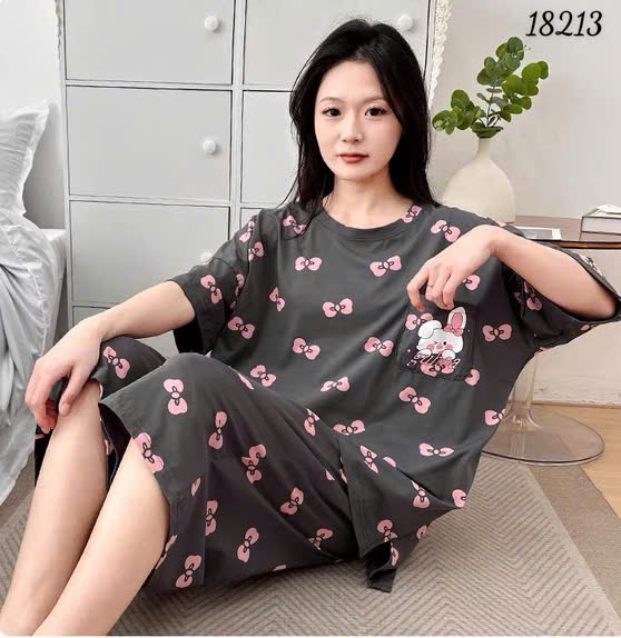 Bộ lửng BIGSIZE QCCC thun cotton mịn đẹp loại 1 thấm hút mồ hôi tốt, in hình Tho- Nơ nhiều SL.DAI 100kg 110kg -00387- 18213- XÁM ĐẬM
