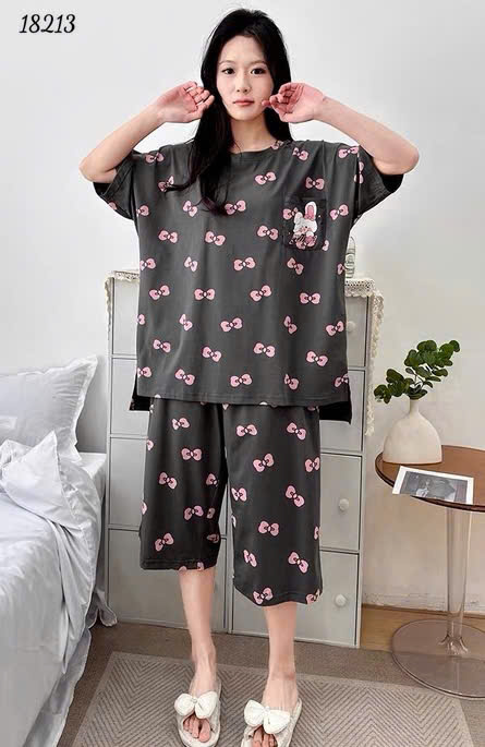 Bộ lửng BIGSIZE QCCC thun cotton mịn đẹp loại 1 thấm hút mồ hôi tốt, in hình Tho- Nơ nhiều SL.DAI 100kg 110kg -00387- 18213- XÁM ĐẬM