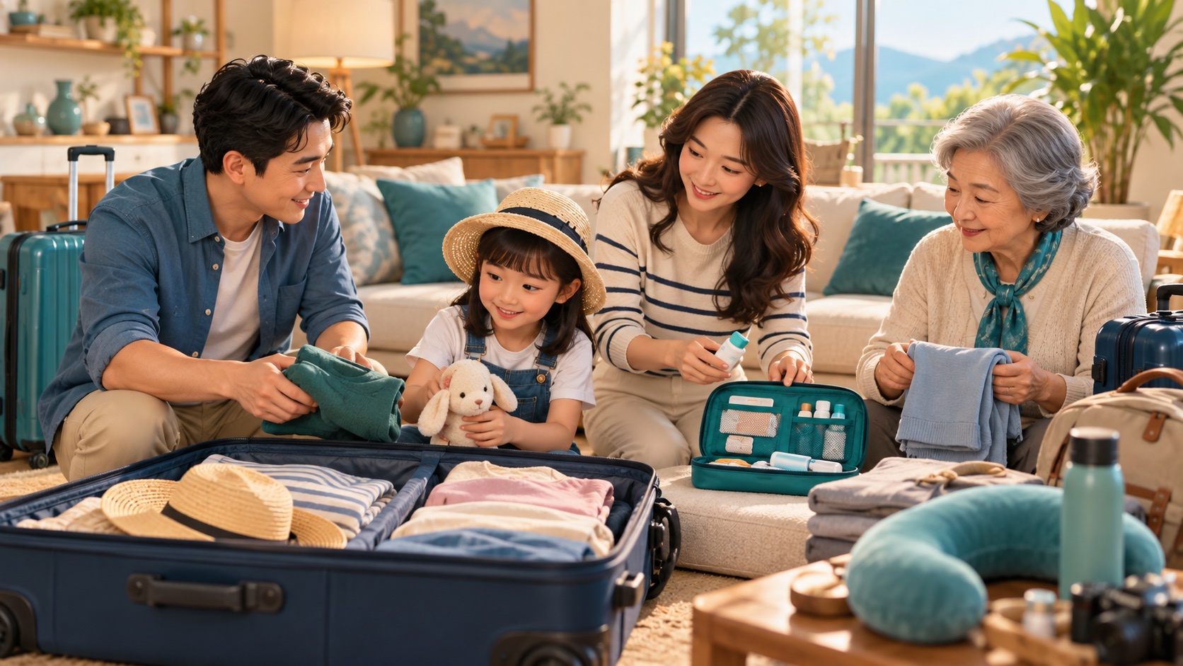 Gia đình chuẩn bị hành lý và thông tin bảo hiểm cho chuyến đi