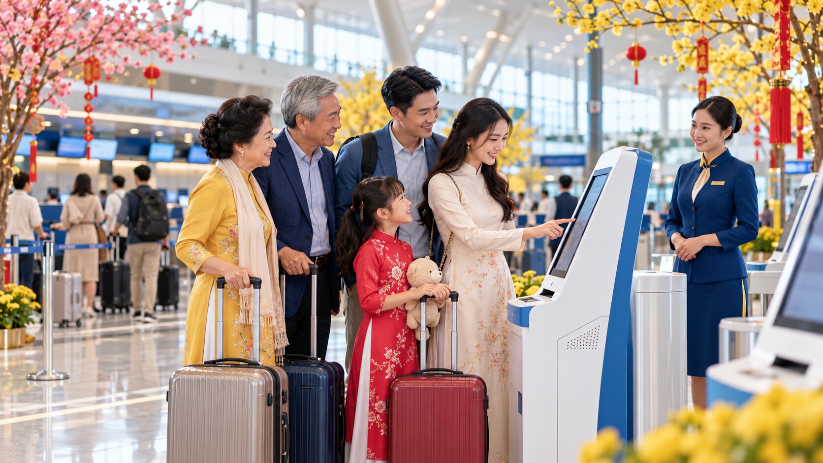 Gia đình làm thủ tục tại kiosk ở sân bay dịp Tết