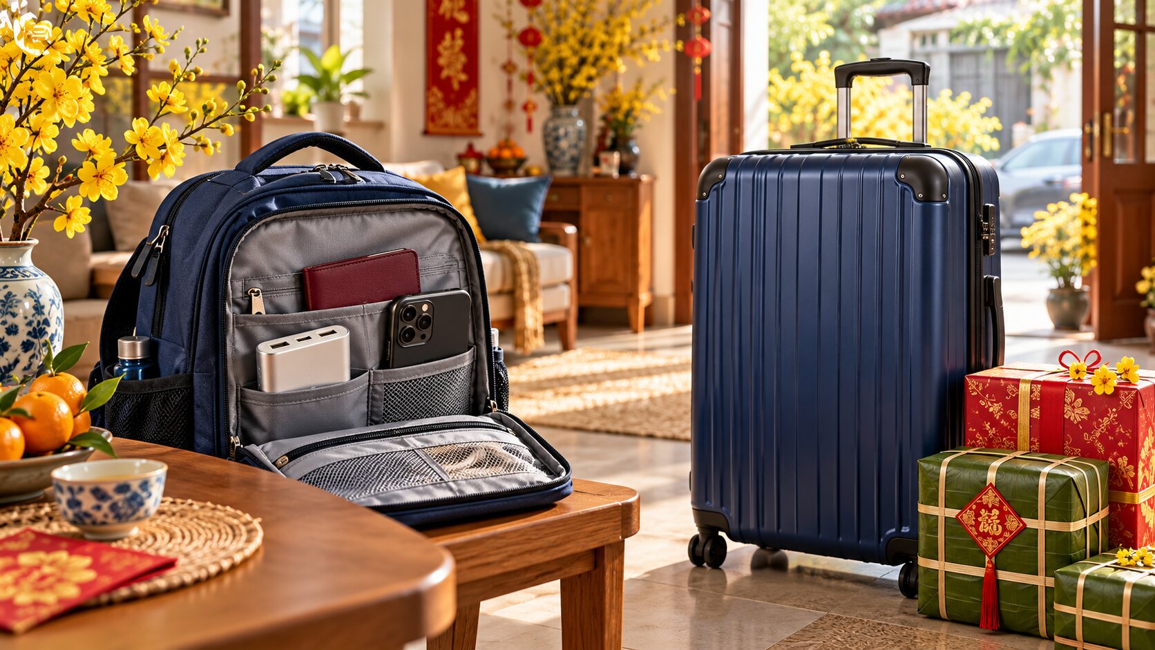 Hành lý Tết với pin sạc dự phòng để trong túi xách tay, tách khỏi vali ký gửi