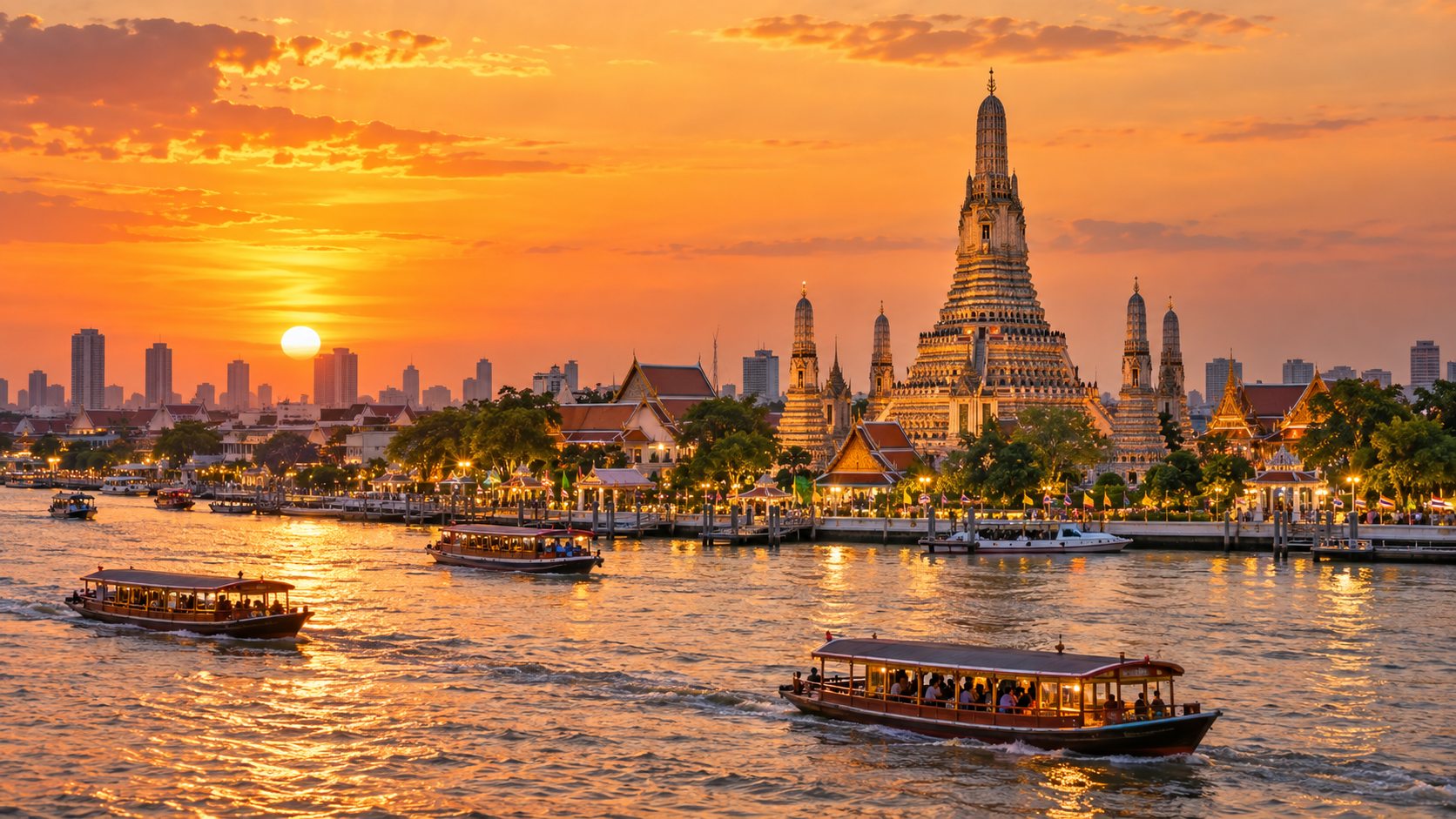 Sông Chao Phraya và Wat Arun ở Bangkok lúc hoàng hôn
