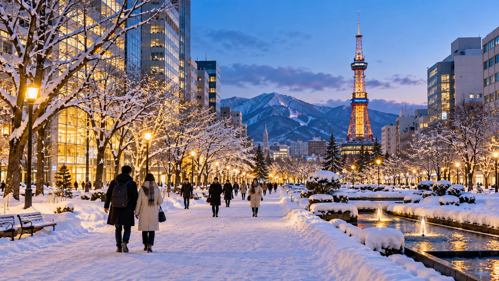 Sapporo mùa đông với tuyết và ánh đèn thành phố