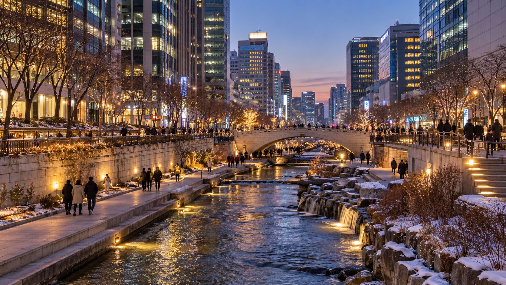 Suối Cheonggyecheon ở Seoul vào mùa đông