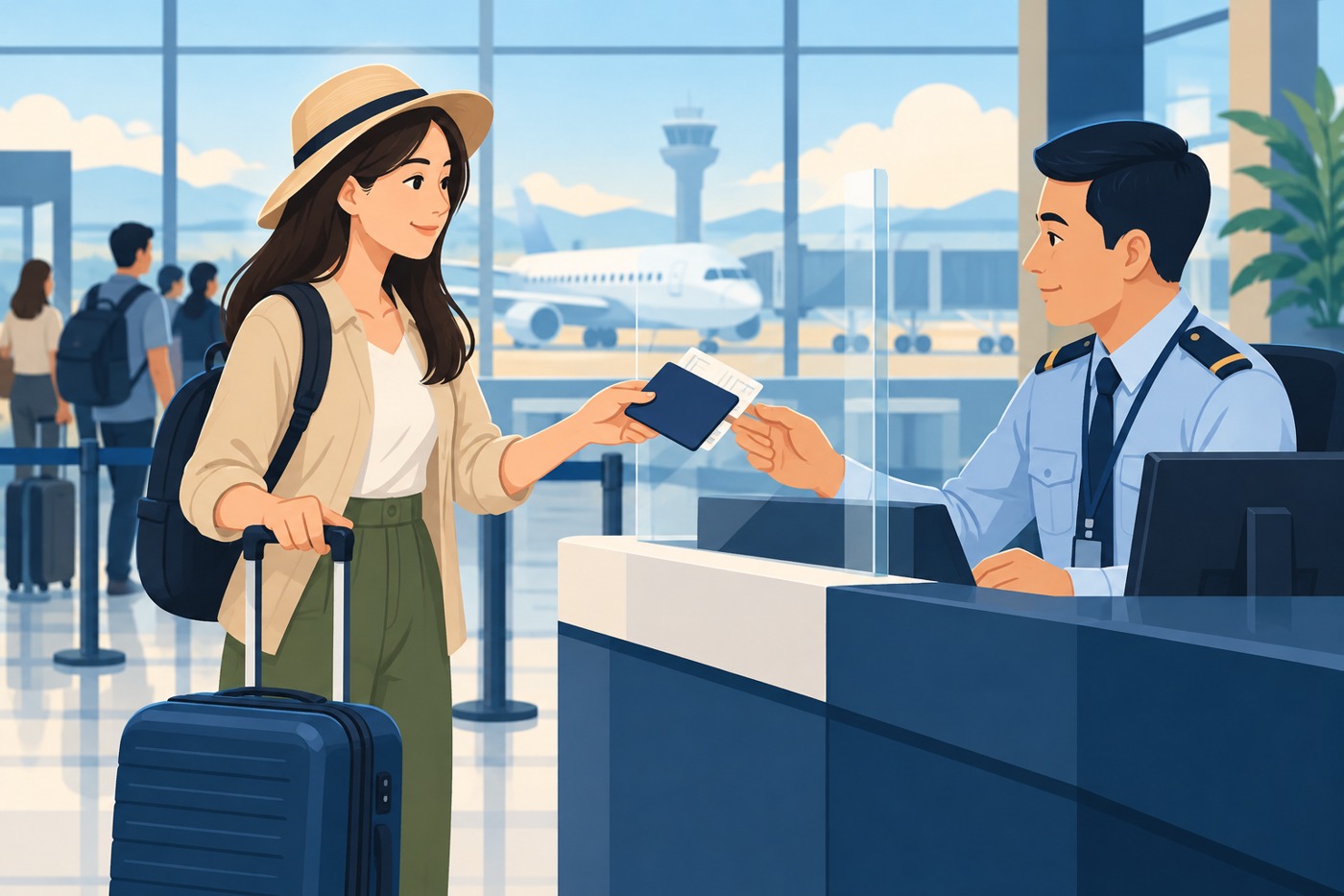 Hành khách trao đổi với nhân viên hải quan về hành lý
