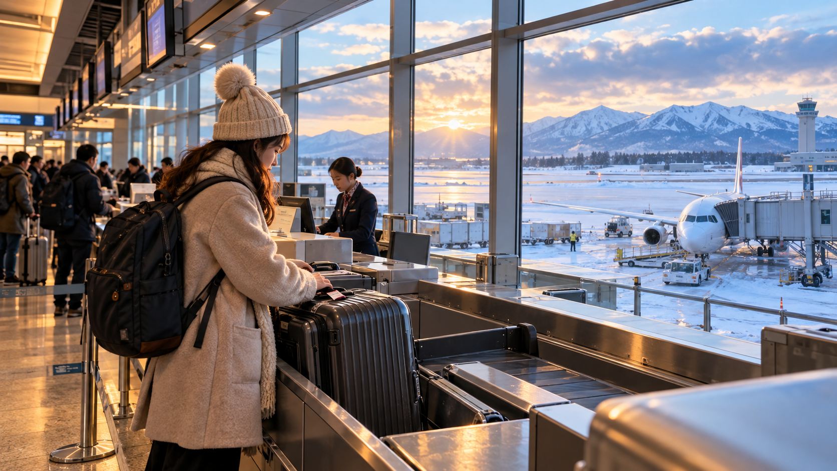 Chuẩn bị hành lý tại sân bay New Chitose