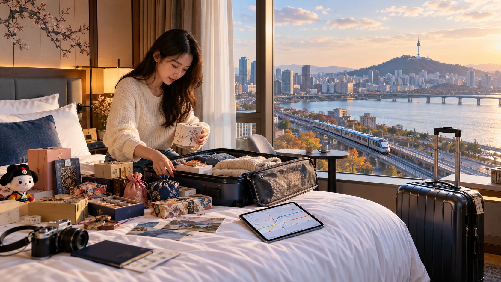 Sắp xếp quà và hành lý trước chuyến bay rời Seoul