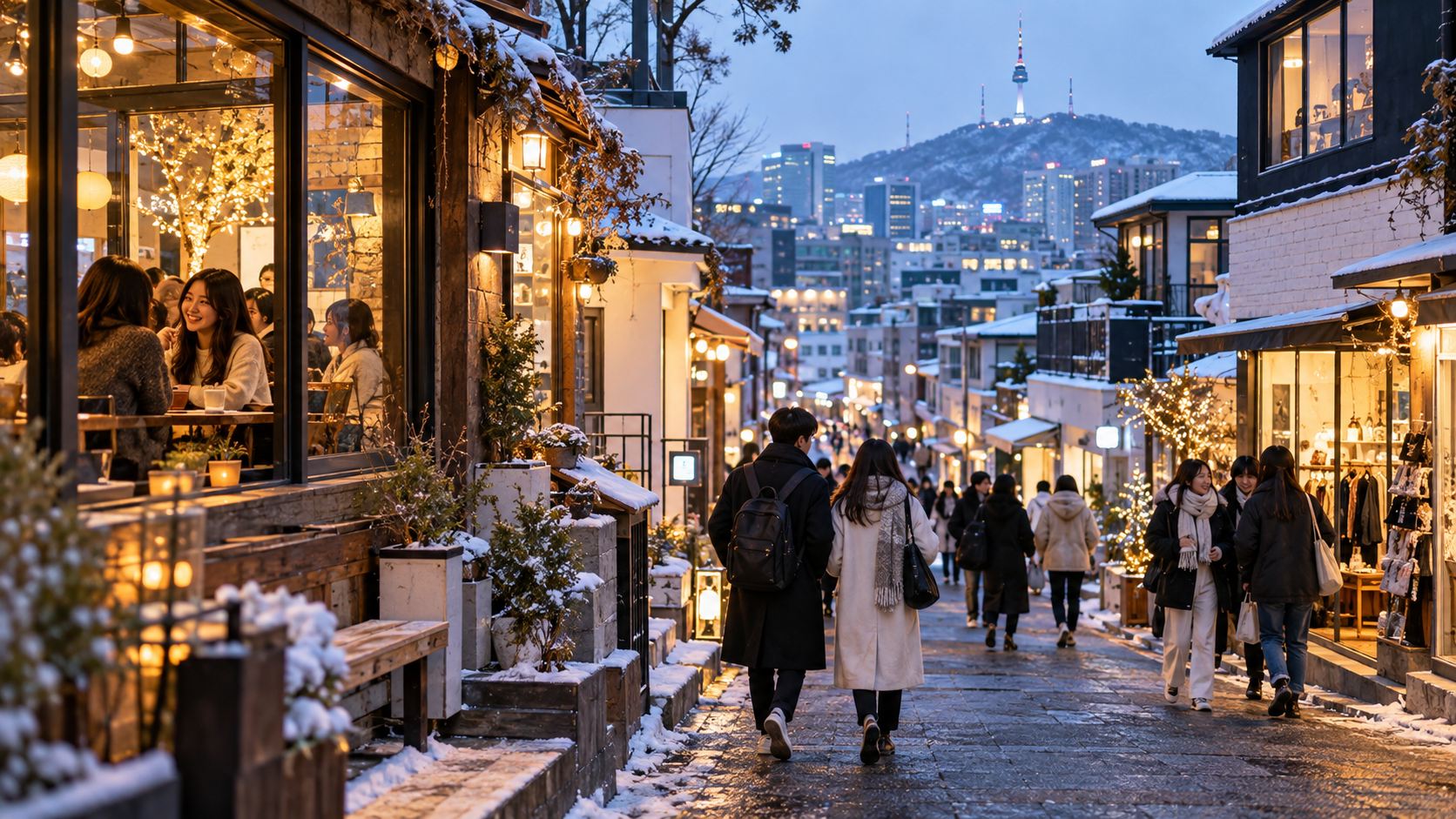 Quán cà phê và cửa hàng ở Hongdae mùa đông
