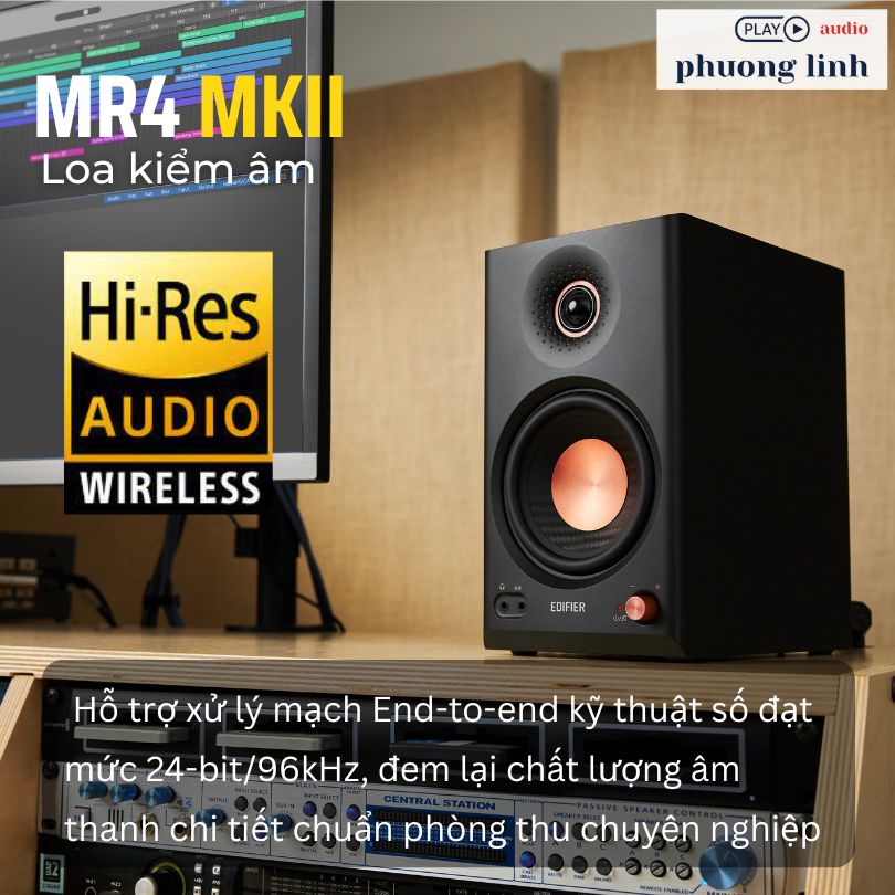 Chứng nhận kép Hi-Res Audio &amp; Hi-Res Wireless trên loa kiểm âm Edifier MR4 MKII.