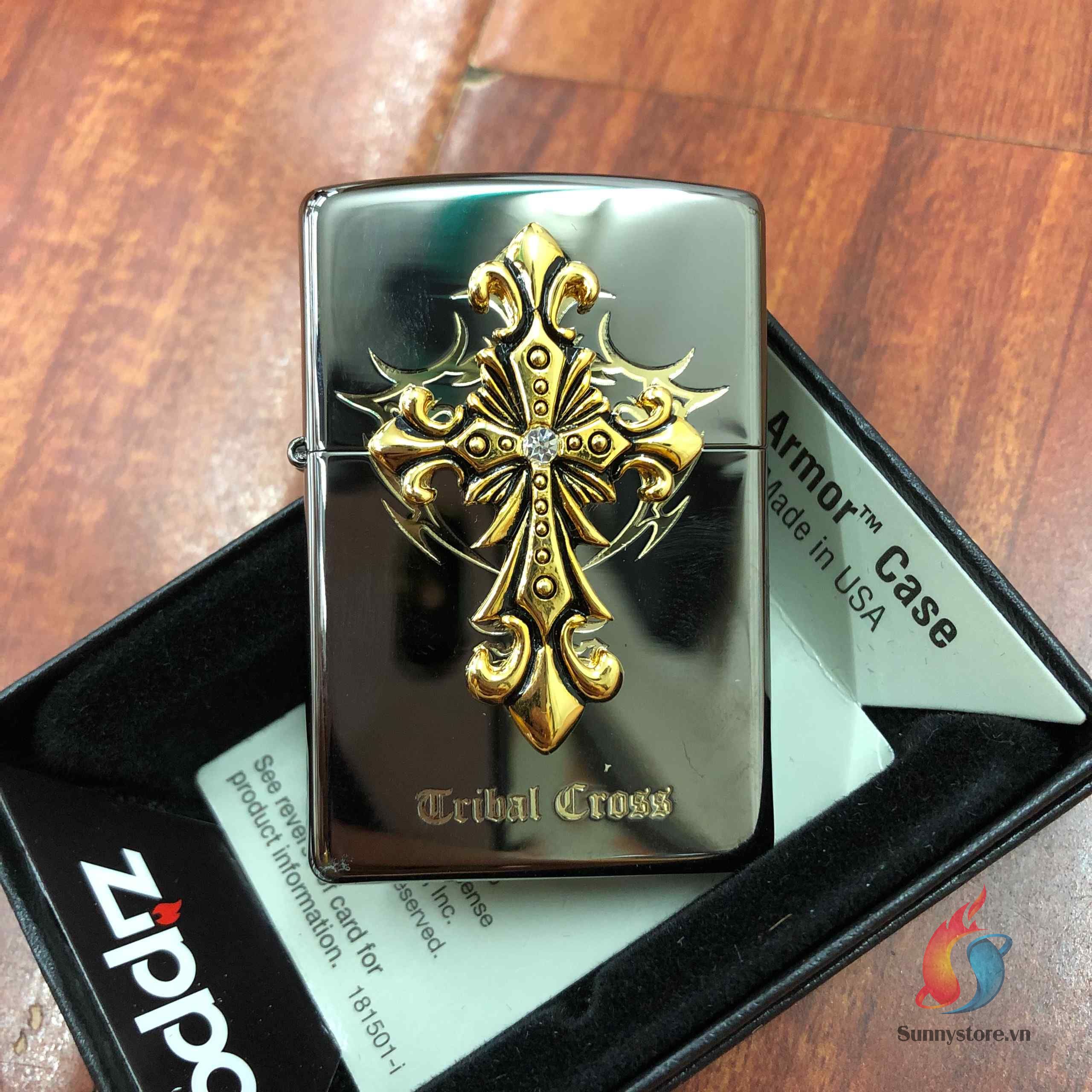 Cross Lighter Bật lửa Zippo Armor Black Tribal Cross Ice Lighter