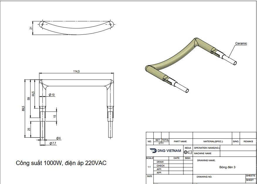 bản thiết kế bóng đèn thạch anh 1000 mm