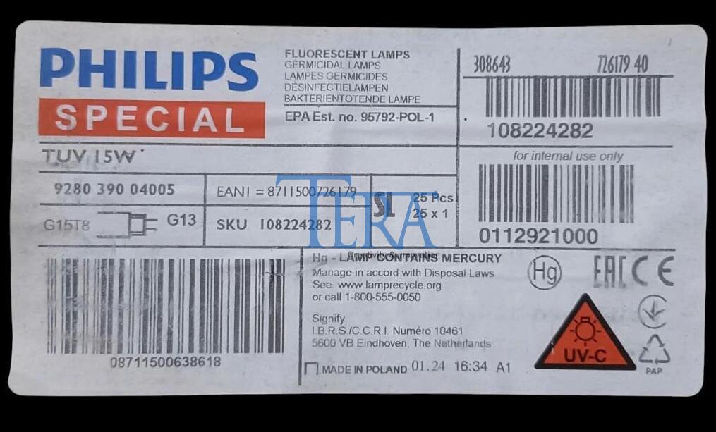 Thông số kỹ thuật của Bóng đèn TUV UVC diệt khuẩn 15W 45cm Philips