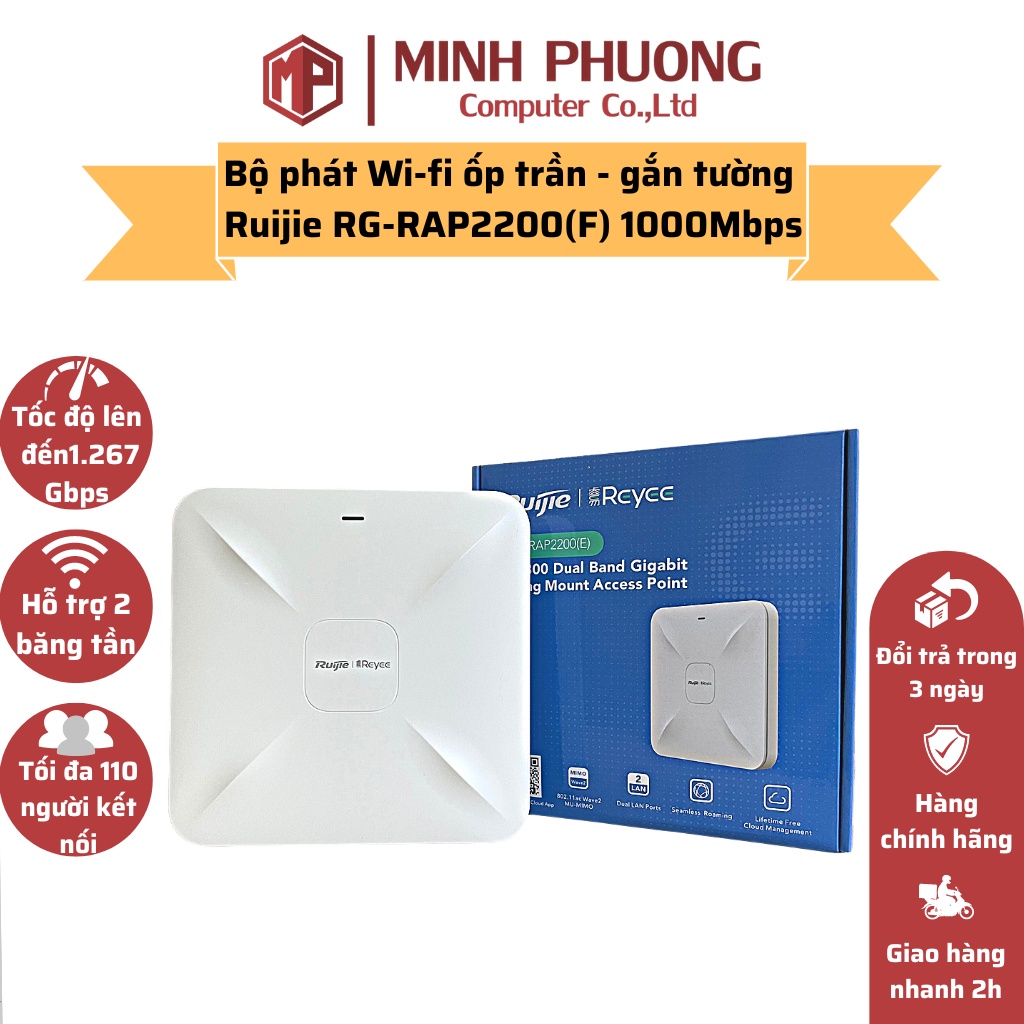Bộ Phát Wi-fi Ruijie RG-RAP2200(F) Ốp Trần Hoặc Gắn Tường 1000Mbps