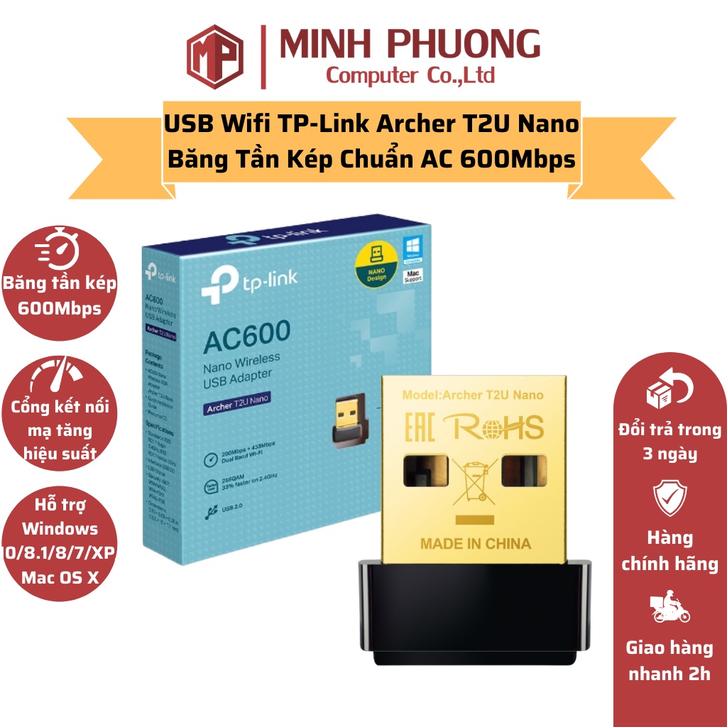 USB Wifi TP-Link Archer T2U Nano Dual Band Chuẩn AC 600Mbps