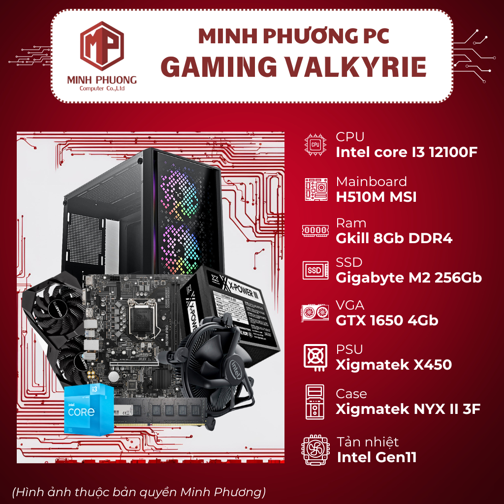 Bộ máy tính bàn - linh kiện PC Gaming (I3-12100F/ 2x8GB/ SSD 256GB/ GTX 1650/ No OS)