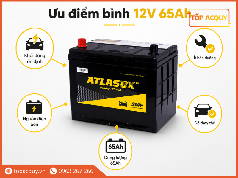 Bình 12V 65Ah phù hợp với nhiều dòng xe