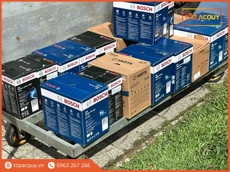 Xe đẩy vận chuyển các kiện ắc quy Bosch chính hãng trong kho Topacquy