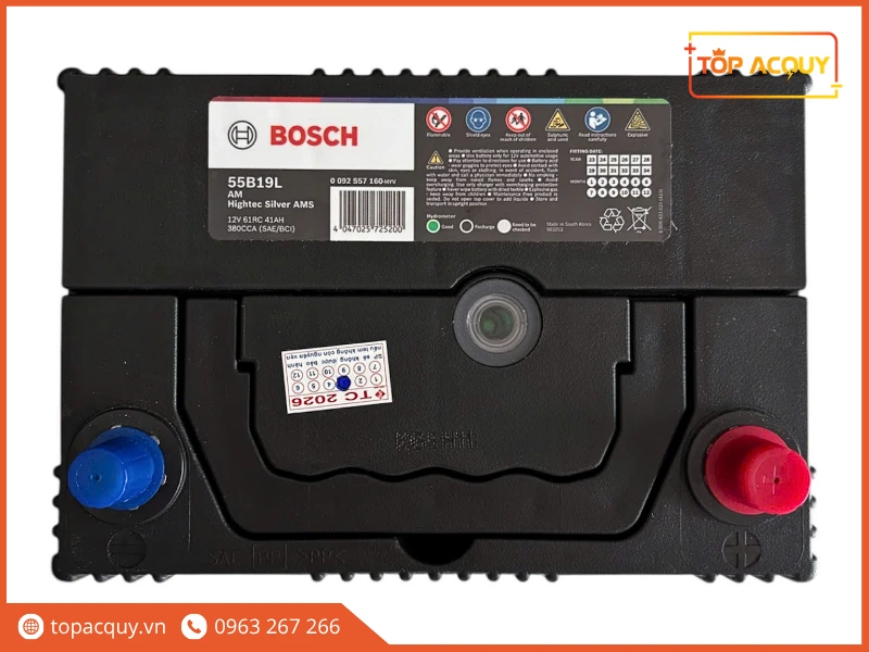 Mặt nắp và tem thông số bình ắc quy Bosch 55B19L 41Ah
