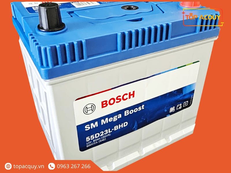 Góc nghiêng bình ắc quy ô tô Bosch 55D23L 12V 60Ah cọc nổi