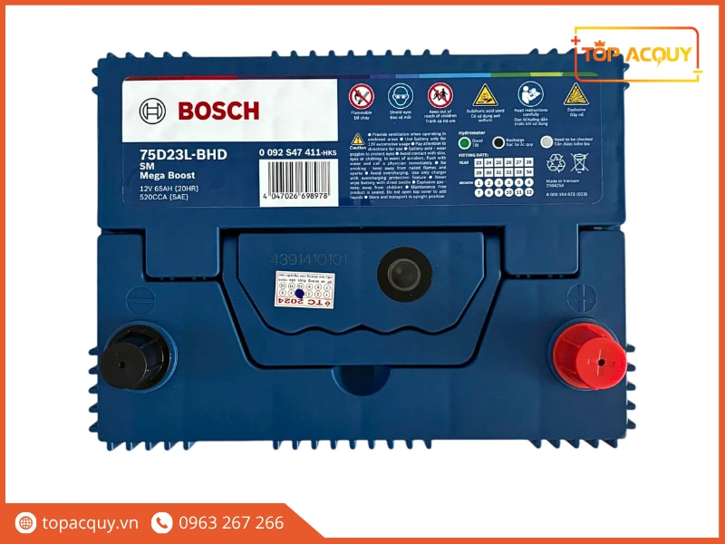 Cận cảnh mặt trên và tem thông số bình Bosch 75D23L 65Ah