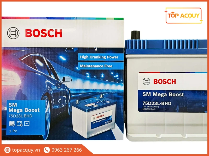 Trọn bộ bình và vỏ hộp ắc quy Bosch 75D23L 65Ah chính hãng