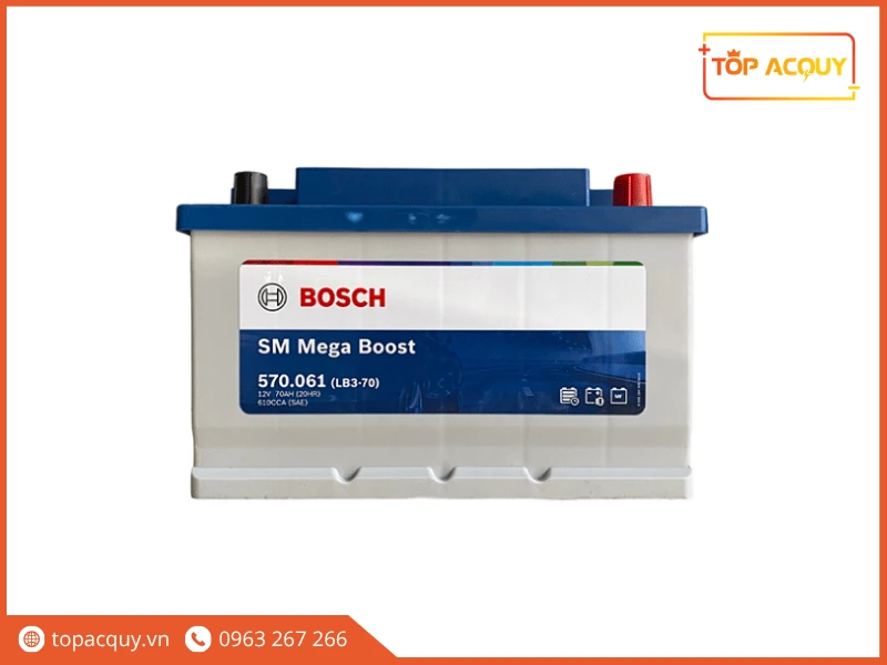 Mặt trước bình ắc quy Bosch 570.061 12V 70Ah chuẩn DIN lùn