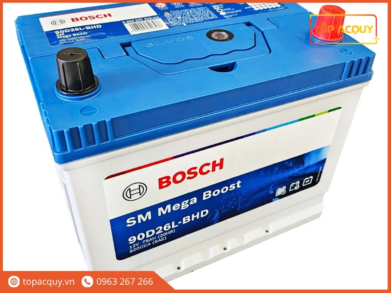 Góc nghiêng bình ắc quy ô tô Bosch 90D26L 12V 75Ah cọc nổi