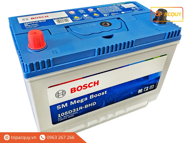 Cận cảnh bình ắc quy Bosch SM Mega Boost 105D31R 90Ah tại Topacquy