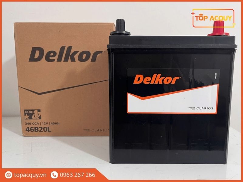 Bộ sản phẩm ắc quy Delkor 46B20L chuẩn tiêu chuẩn chất lượng KS-QEI kèm bao bì đóng gói bảo vệ từ tập đoàn Clarios