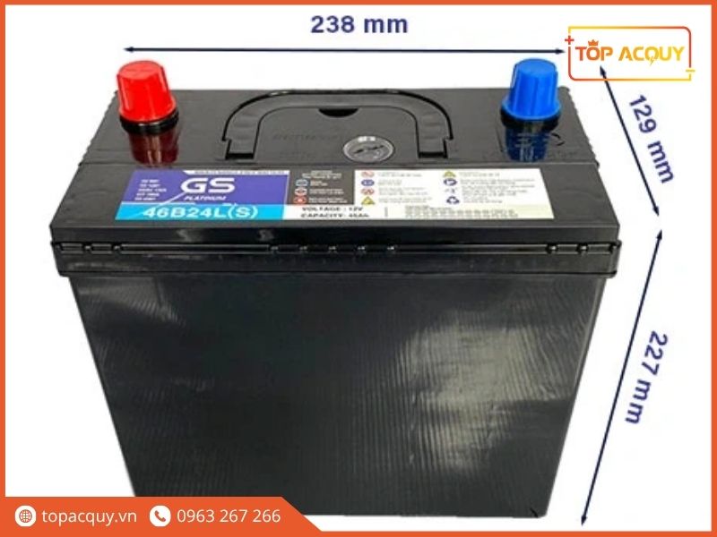 Kích thước tiêu chuẩn bình ắc quy 46B24L 12V - 45Ah với chiều dài 238mm, chiều rộng 129mm và chiều cao 227mm