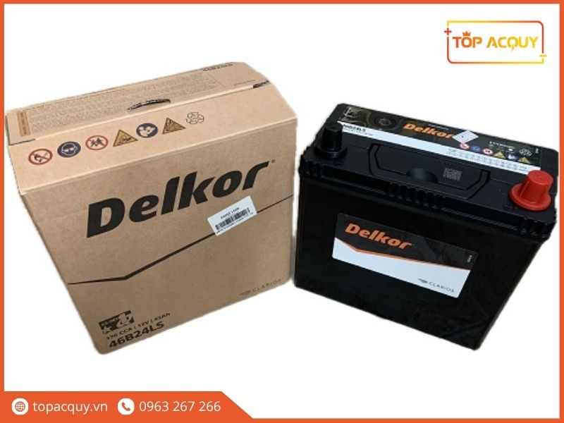 Bộ sản phẩm ắc quy Delkor 45Ah mã 46B24LS chính hãng Clarios nguyên đai nguyên kiện kèm vỏ thùng carton bảo vệ tiêu chuẩn
